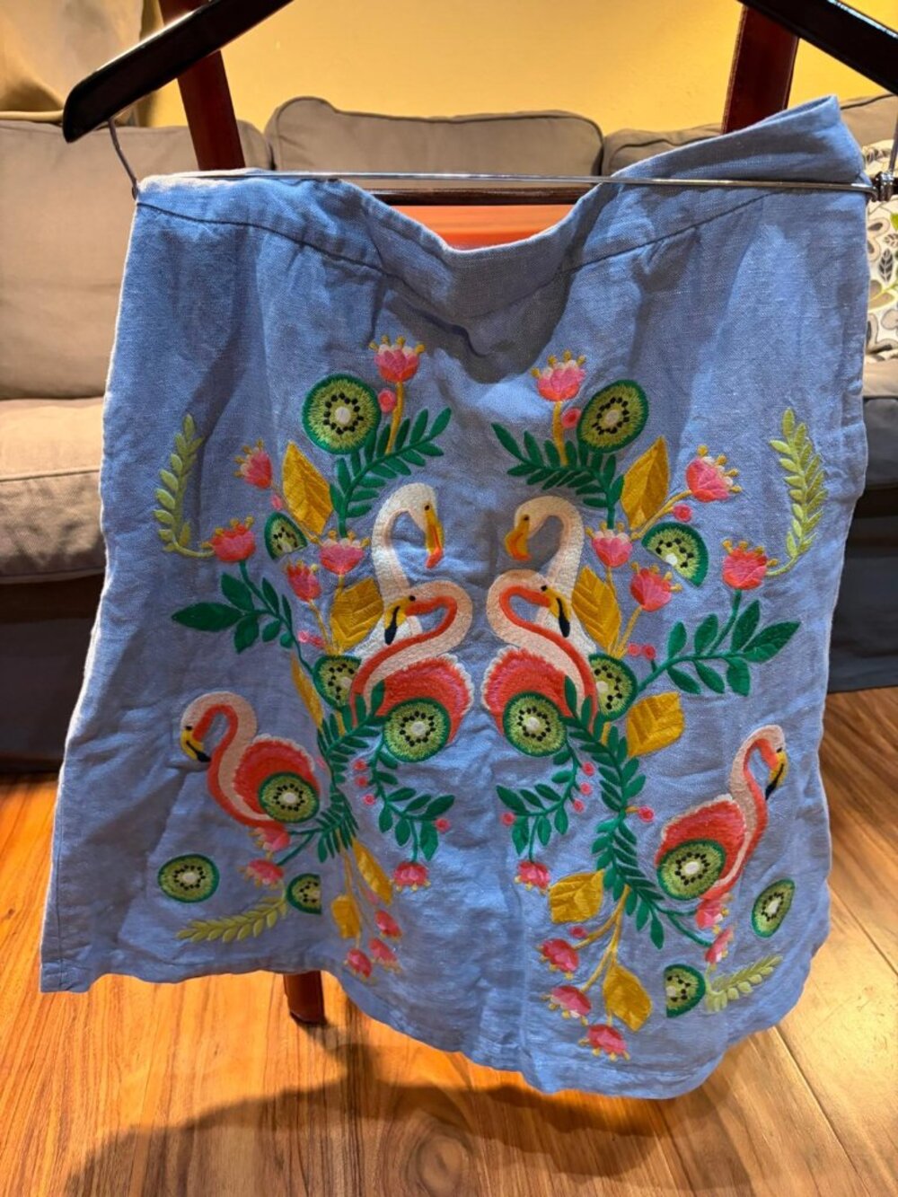 Embraided Blue Skirt with flowers and flamingos